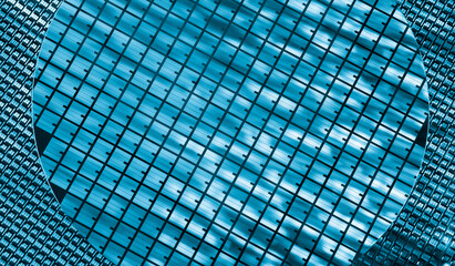 silicon chip wafer reflecting blue colors background - obrazy, fototapety, plakaty