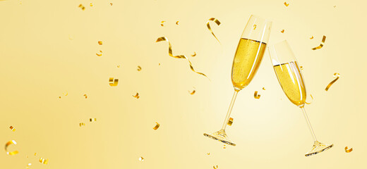 champagne two glasses floating on gold background,Christmas and New Year holidays © KWstudio