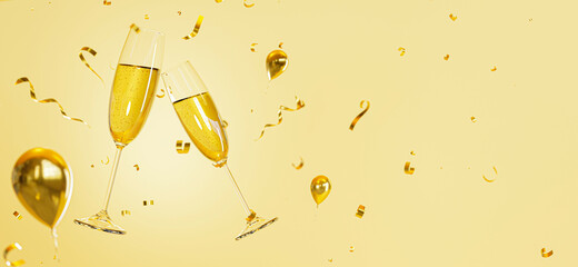 champagne two glasses floating on gold background,Christmas and New Year holidays