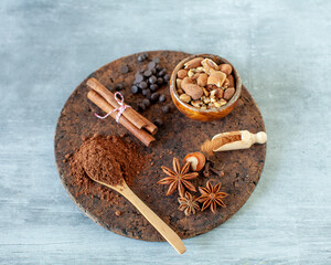 Ingredients for making winter hot chocolate with cinnamon  and other spices