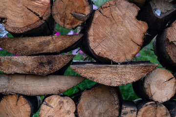 Stacked Texture, Natural Background. Cross section of the timber, firewood stack for the background.