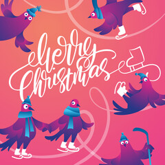 Bright square Xmas banner with funny pigeons. Handwritten lettering Merry Christmas. Funny characters doves in skates. Pigeons are skating on the ice rink. Holiday vector illustration.
