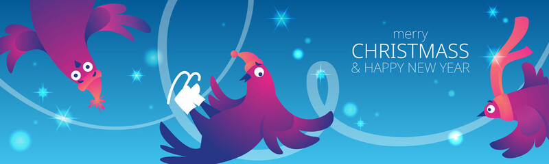 Bright Xmas horizontal web banner with funny pigeons. Text 