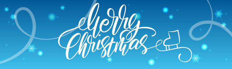 Obraz premium Bright Xmas horizontal web banner. Handwritten lettering Merry Christmas. Skate tracks on an ice rink. Holiday vector illustration.