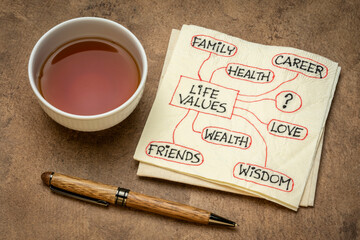 napkin sketch of possible life values  - career, family, wealth, love, friends, health, wisdom,...
