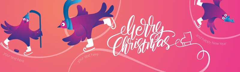 Bright Xmas web banner with funny pigeons. Handwritten lettering Merry Christmas. Funny characters doves in skates. Pigeons are skating on the ice rink. Holiday vector illustration.