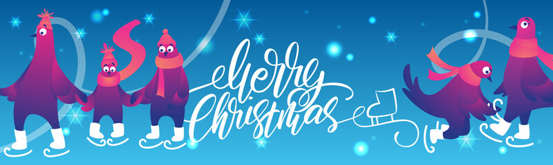 Bright Xmas web banner with funny pigeons. Handwritten lettering Merry Christmas. Funny characters doves in skates. Pigeons are skating on the ice rink. Holiday vector illustration.