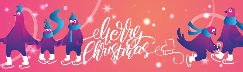 Bright Xmas web banner with funny pigeons. Handwritten lettering Merry Christmas. Funny characters doves in skates. Pigeons are skating on the ice rink. Holiday vector illustration.