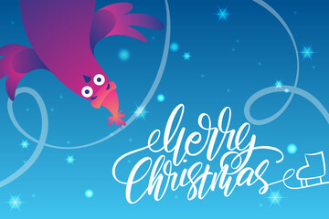 Fototapeta na wymiar Bright Xmas web banner with funny pigeons. Handwritten lettering Merry Christmas. Funny characters doves in skates. Pigeons are skating on the ice rink. Holiday vector illustration.