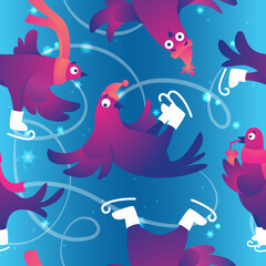Winter seamless pattern. Christmas seamless background with funny pigeons. Funny characters doves in skates. Pigeons are skating on the ice rink. Holiday vector illustration.