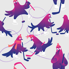 Winter seamless pattern. Christmas seamless background with funny pigeons. Funny characters doves in skates. Pigeons are skating on the ice rink. Holiday vector illustration. - 468619928