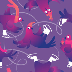 Winter seamless pattern. Christmas seamless background with funny pigeons. Funny characters doves in skates. Pigeons are skating on the ice rink. Holiday vector illustration.