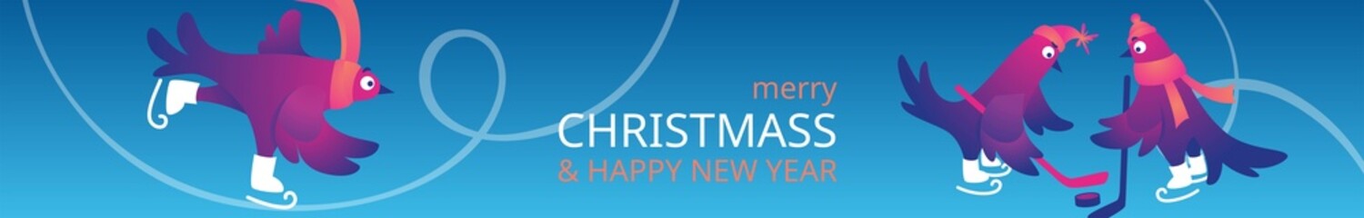 Bright Xmas horizontal web banner with funny pigeons. Text 