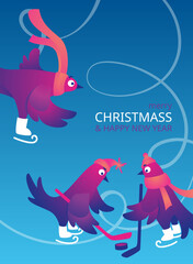 Bright Xmas poster with funny pigeons. Text 