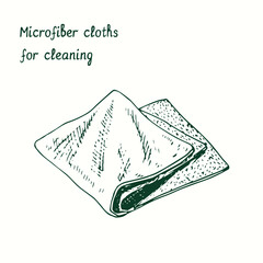 Microfiber cloths for cleaning. Ink black and white doodle drawing in woodcut style.