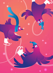 Bright Winter vertical poster with funny pigeons. Christmas Festive banner. Funny characters doves in skates. Pigeons are skating on the ice rink. Holiday vector illustration.