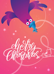 Bright Xmas poster with funny pigeons. Handwritten lettering Merry Christmas. Funny characters doves in skates. Pigeons are skating on the ice rink. Holiday vector illustration.