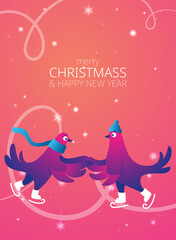 Bright Xmas poster with funny pigeons. Text 