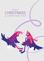 Bright Xmas poster with funny pigeons. Text "Merry Christmas". Funny characters doves in skates. Pigeons are skating on the ice rink. Holiday vector illustration.