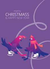 Bright Xmas poster with funny pigeons. Text 