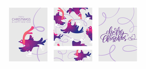 Set of modern Winter templates. Merry Christmas Holiday cards and invitations. Collection of posters, banners, cards and patterns. Funny characters doves in skates.