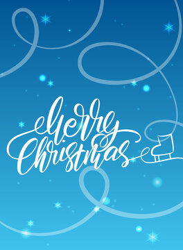 Bright Xmas vertical poster. Handwritten lettering Merry Christmas. Skate tracks on an ice rink.  Holiday vector illustration.