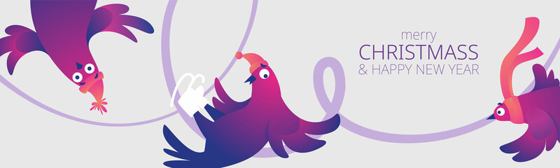 Bright Xmas horizontal web banner with funny pigeons. Text "Merry Christmas". Funny characters doves in skates. Pigeons are skating on the ice rink. Holiday vector illustration.