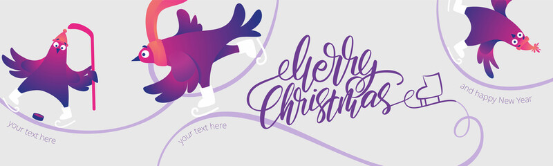 Bright Xmas web banner with funny pigeons. Handwritten lettering Merry Christmas. Funny characters doves in skates. Pigeons are skating on the ice rink. Holiday vector illustration.