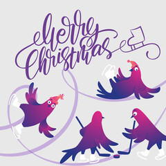 Bright square Xmas banner with funny pigeons. Handwritten lettering Merry Christmas. Funny characters doves in skates. Pigeons are skating on the ice rink. Holiday vector illustration.