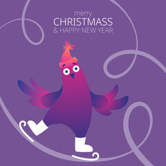 Bright square Xmas banner with funny pigeons. Text 