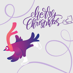 Fototapeta premium Bright square Xmas banner with funny pigeons. Handwritten lettering Merry Christmas. Funny characters doves in skates. Pigeons are skating on the ice rink. Holiday vector illustration.
