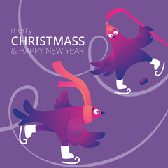 Bright square Xmas banner with funny pigeons. Text "Merry Christmas". Funny characters doves in skates. Pigeons are skating on the ice rink. Holiday vector illustration.