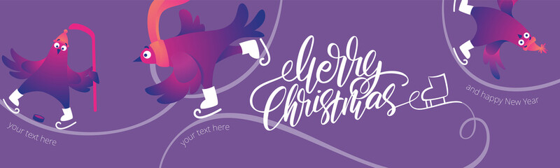 Bright Xmas web banner with funny pigeons. Handwritten lettering Merry Christmas. Funny characters doves in skates. Pigeons are skating on the ice rink. Holiday vector illustration.