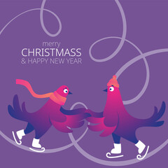 Bright square Xmas banner with funny pigeons. Text 