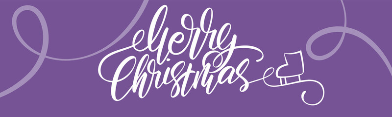 Bright Xmas horizontal web banner. Handwritten lettering Merry Christmas. Skate tracks on an ice rink. Holiday vector illustration.