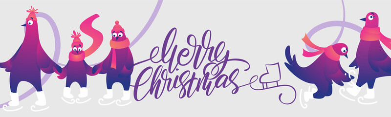 Bright Xmas web banner with funny pigeons. Handwritten lettering Merry Christmas. Funny characters doves in skates. Pigeons are skating on the ice rink. Holiday vector illustration.