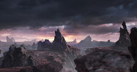 The mystical dark world of rocks. Cinematic view. 3d render