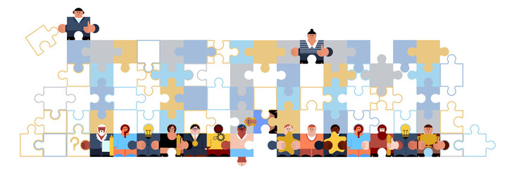 Puzzle with details people figures. Team - Word from details puzzle.  Multiethnic people group stand together. Team and teamwork. Business. Friendship. Cubism, geometric, minimal style.