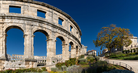 view of the Pula amphitheater in Istria in northeastern Croatia