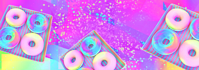 Minimalistic stylized collage banner art. 3d render stylish sweet donuts space. Fast food lover concept
