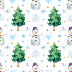 Christmas pattern, seamless snowman digital paper, Christmas tree illustration, hand-drawn new year retro patterns, Winter watercolor