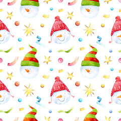 Christmas pattern, seamless snowman digital paper, confetti, stars, hand-drawn new year holiday patterns