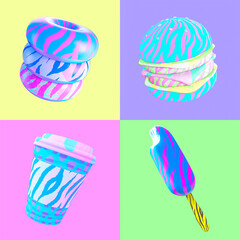 3d render sticker set creative funny stylish junk food objects. Restaurant, bars, cafes, shop concept