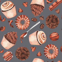 Seamless pattern. Chocolate sweets. Watercolor vintage illustration. For your design.