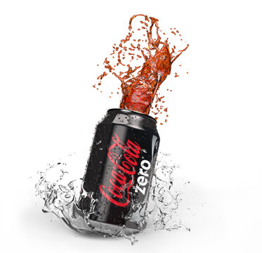 Malaga Spain - October, 29, 2021: Illustration of Coca-Cola Zero can with splash isolated on white background Coca Cola is the most popular carbonated beverage sold worldwide