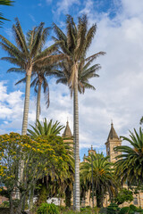 Fototapeta premium Villapinzón Central Park with the San Juan Bautista Parish, in Cundinamarca, Colombia