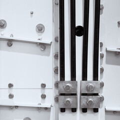 Torsion bar suspension heavy vibrating equipment. Black and white image.