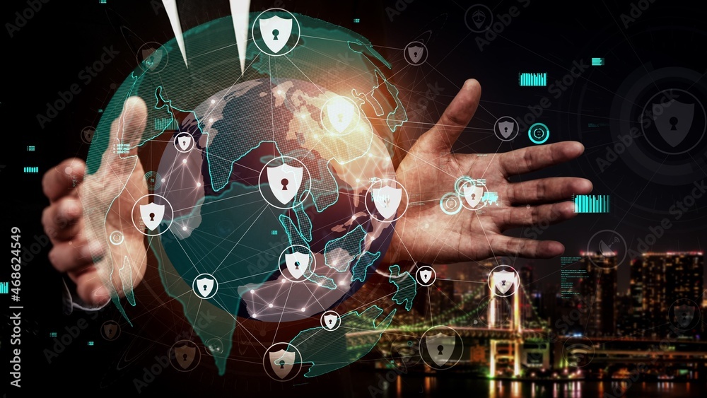Poster cyber security encryption technology to protect data privacy conceptual . 3d render computer graphic