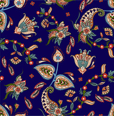 Colorful asian style floral pattern. Dark background paisley pattern, design for decoration and textiles. - obrazy, fototapety, plakaty