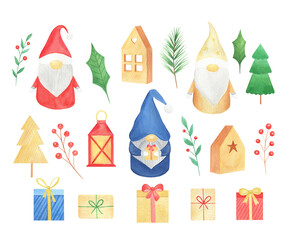 Cute watercolor gnome Christmas illustration isolated on white background. Winter gnomes set with greenery and decor elements. 